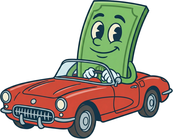 Dollar Guy in a red car